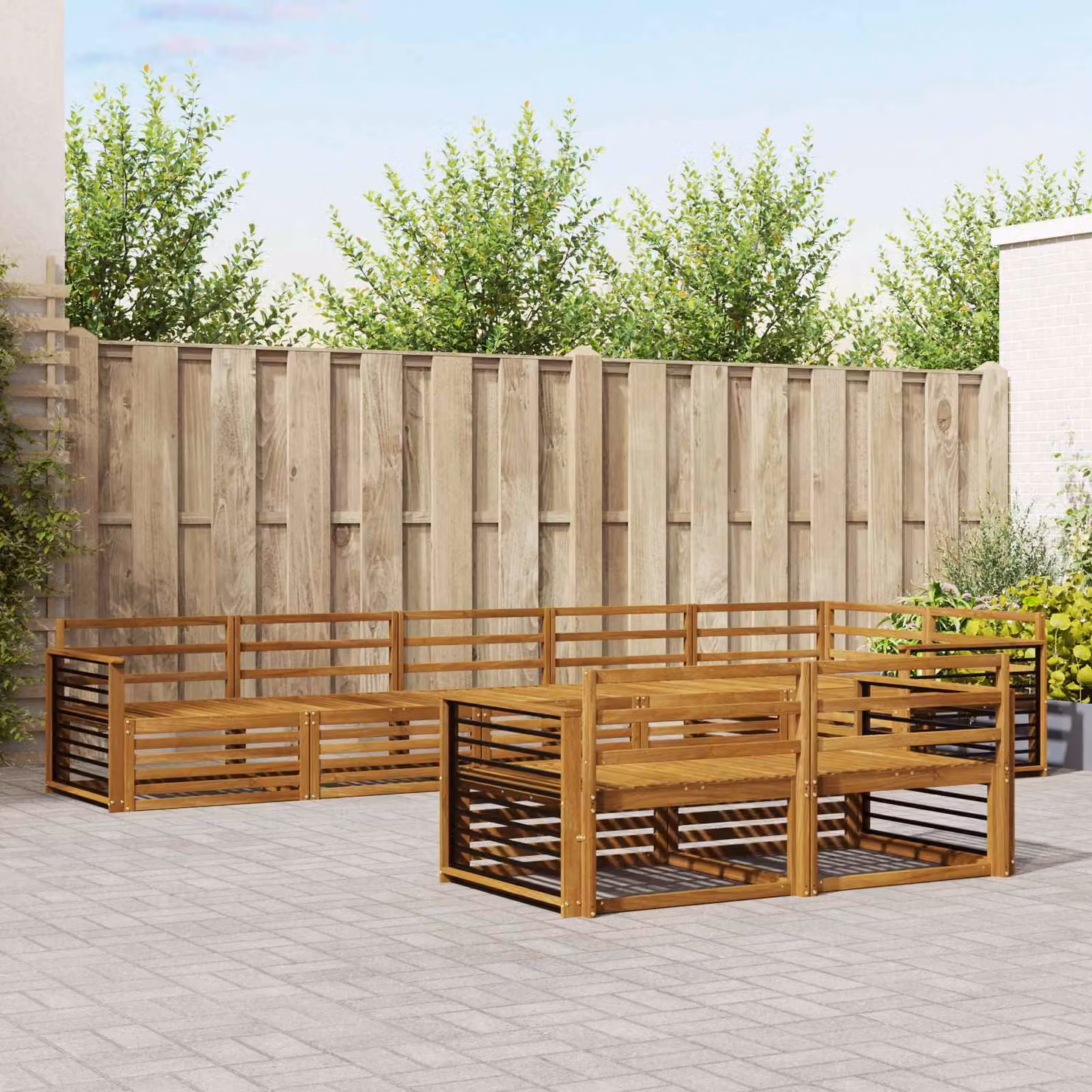 Set di divani da esterno vidaXL a forma di L in legno di acacia massello marrone con 8 pezzi e cuscini inclusi
