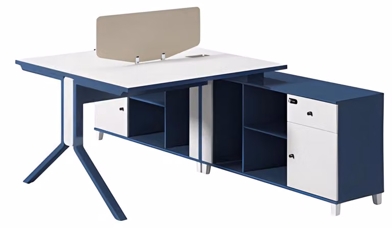 Schreibtisch in Blau und Weiß mit Trennwand Stauraum und modernen Metallbeinen