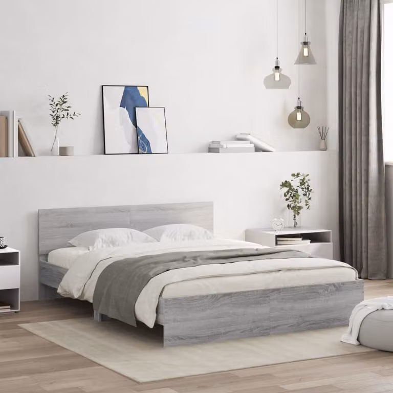 vidaXL Giroletto con Testiera, Illuminazione LED e Porta USB, Grigio Sonoma, L 160 x P 200 cm