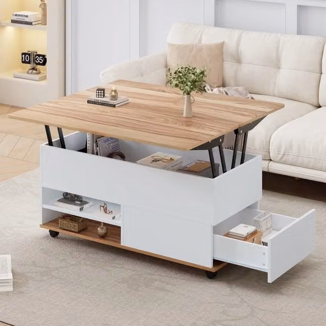 Tavolino da caff¨¨ regolabile ¨C Minimal ¨C Bianco effetto legno naturale con cassetti 100x98x65cm