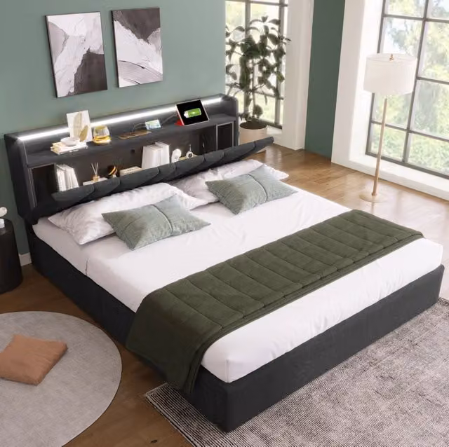 Letto matrimoniale 140x200 con LED RGB, USB e contenitore grigio