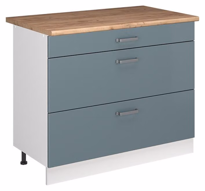 Mobiletto base per cucina Vicco R-Line Grigio-blu/Bianco 100 cm piano di lavoro Rovere dorato, Model 71529