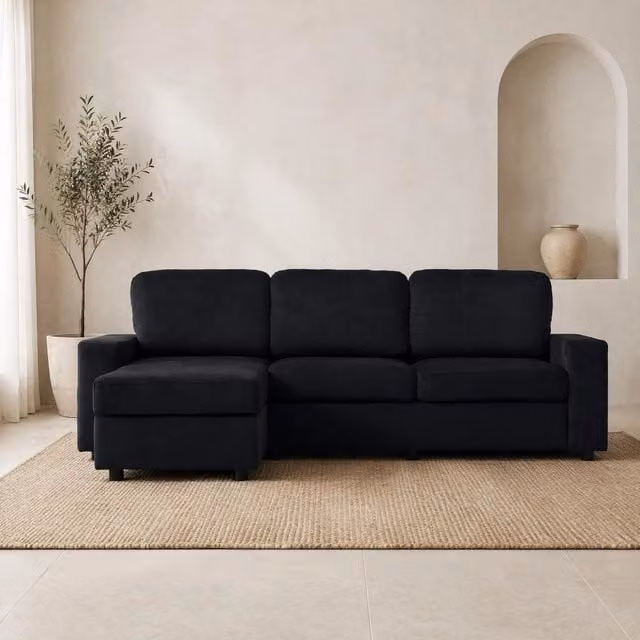 Divano angolare 245,5x150,5x86,5 cm in tessuto nero con contenitore, per soggiorno –