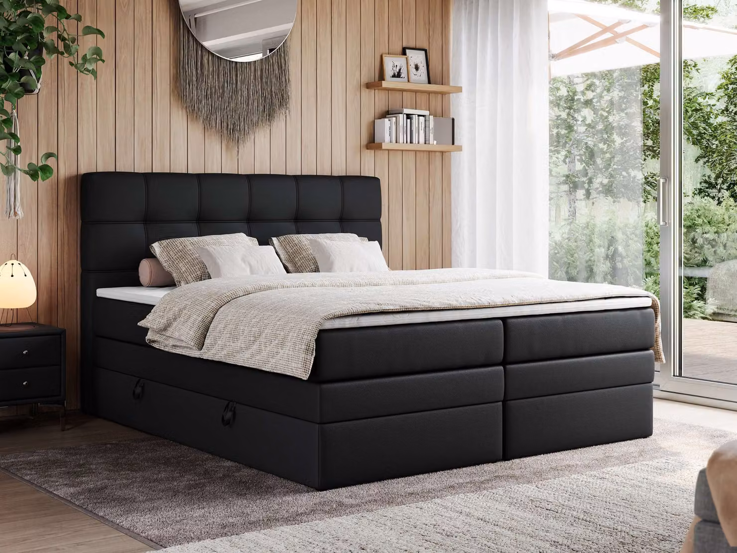 Letto boxspring, letto imbottito, letto, camera da letto - ERNI-KING - 180x200 cm - Nero - H3