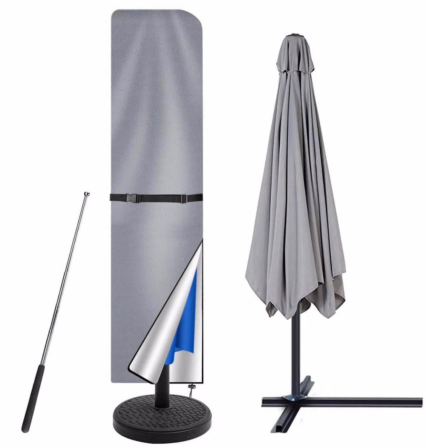 Copertura protettiva per ombrelloni da giardino, dimensioni 3-4 metri, colore grigio, realizzata in tessuto Oxford 210D, impermeabile, resistente ai raggi UV, con asta telescopica e resistente al vento