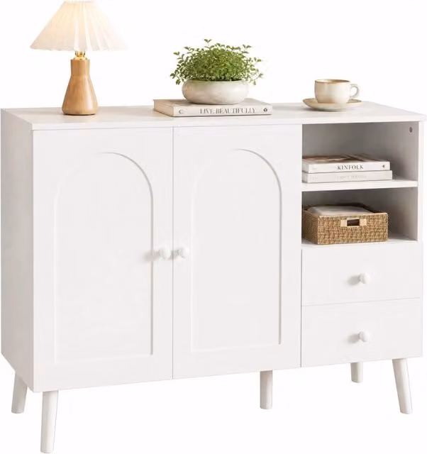 Credenza moderna in MDF bianco con 2 ante, 2 cassetti e vani aperti per soggiorno e sala da pranzo, L: 118 cm, P: 35 cm, H: 82 cm – 1