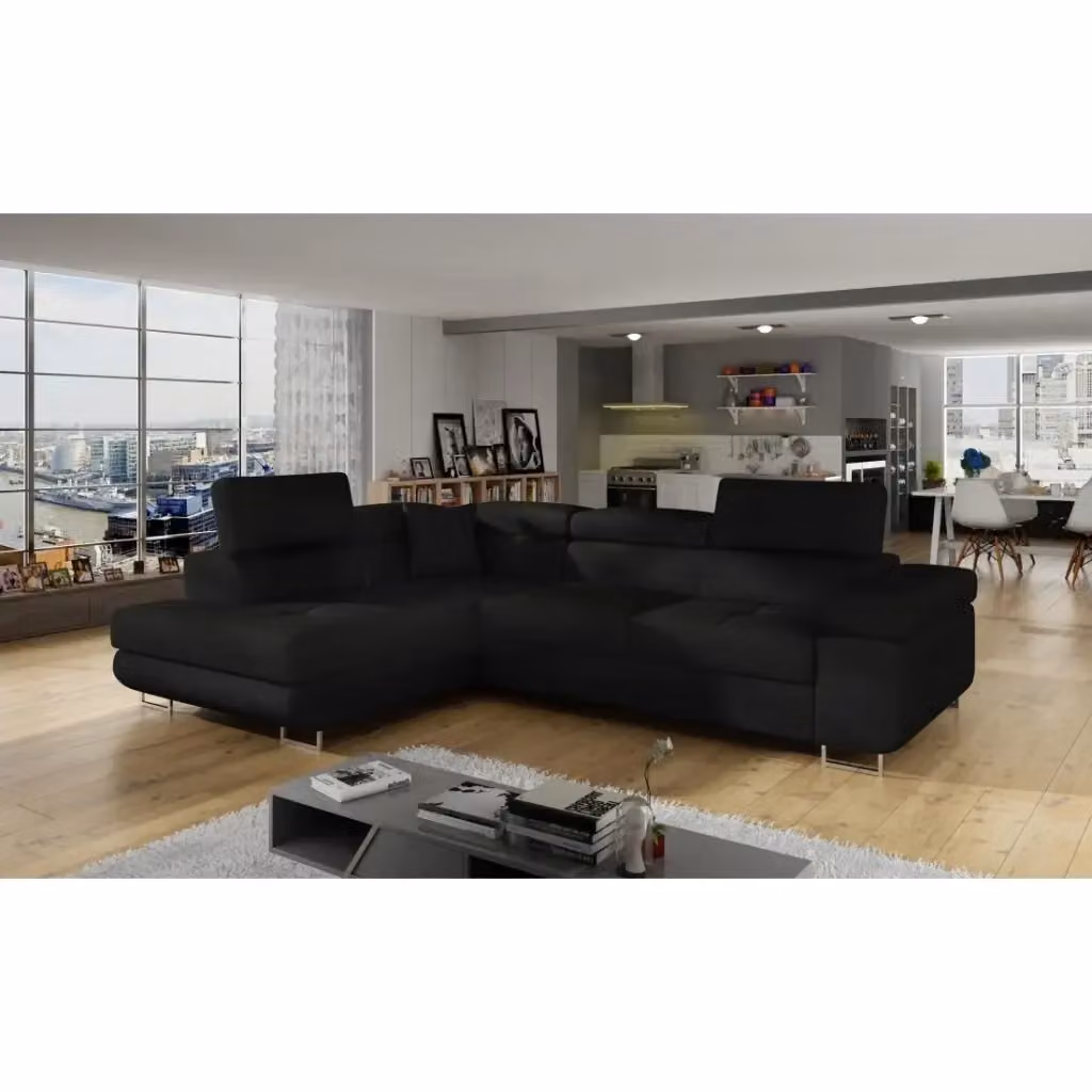 Divano angolare trasformabile MENTON MEUBLORAMA nero con vano contenitore, funzione letto e poggiatesta regolabile, L/P/H: 272 x 145 x 85 cm – 2