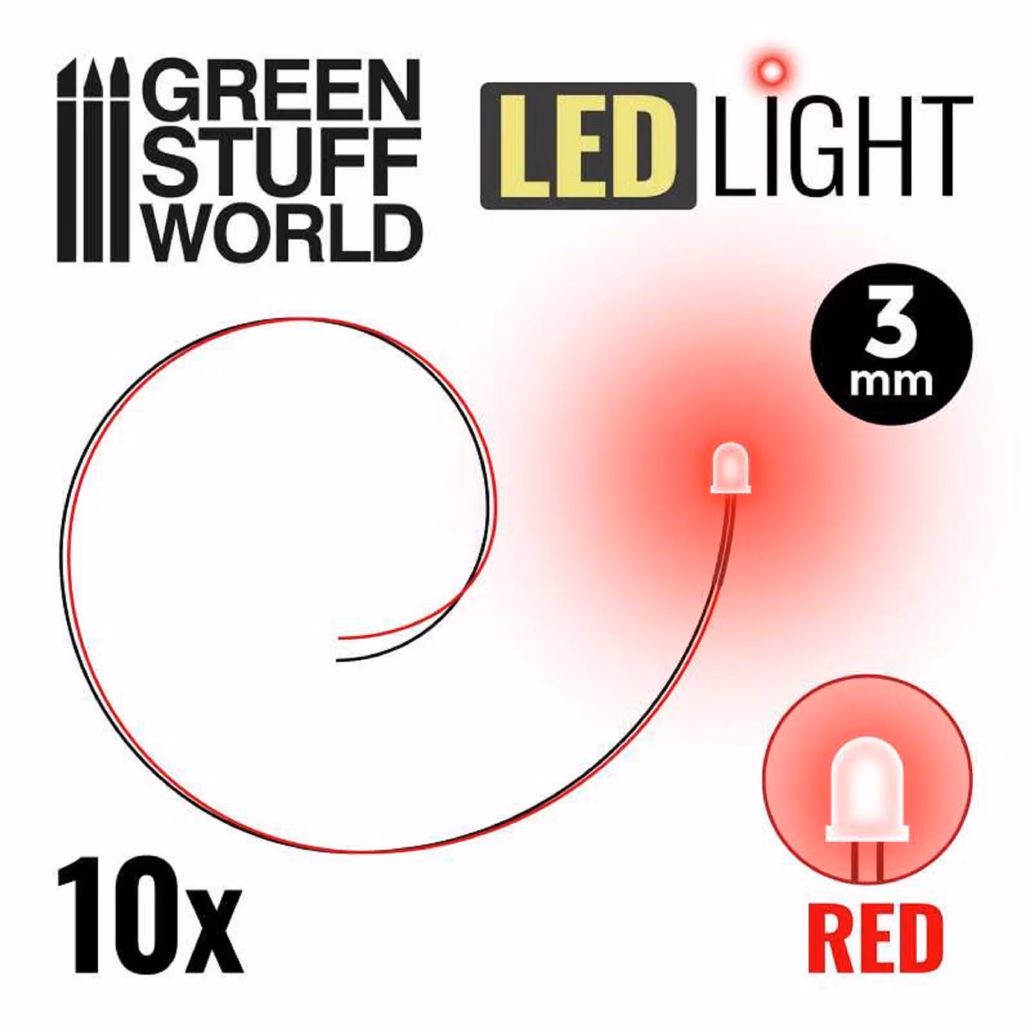 Green Stuff World - LED, colore rosso, 3 mm (confezione da 10 pezzi)
