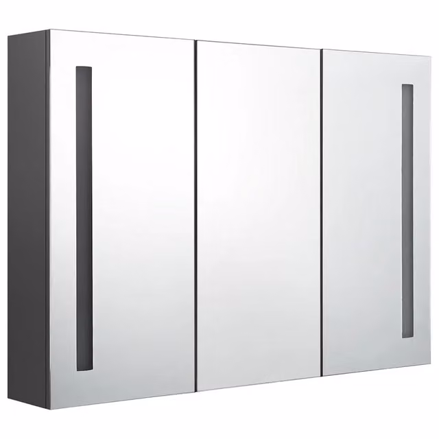 Armadietto da bagno moderno con specchio e illuminazione LED, ante in vetro e ripiani interni, Grigio, L: 89 cm, P: 14 cm, H: 62 cm – 1