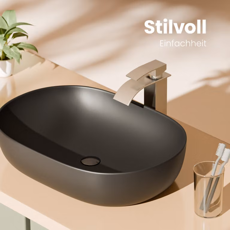 EMKE lavabo in Vetroceramica lavabo ovale da appoggio nero opaco senza foro per rubinetto 60 x 41,5 x 13,5 cm