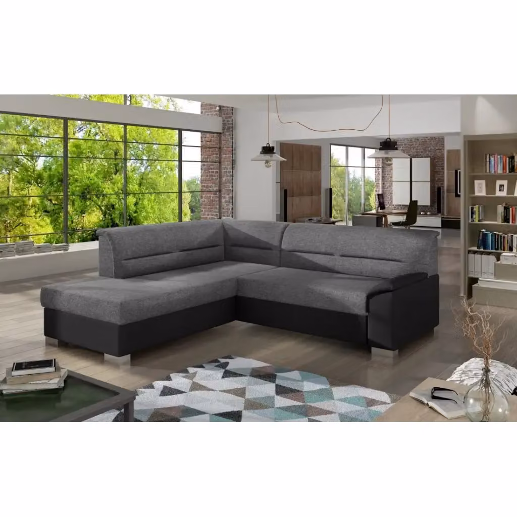 Divano ad angolo convertibile TROMSO grigio e nero con funzione letto e vano contenitore, lato sinistro – 2