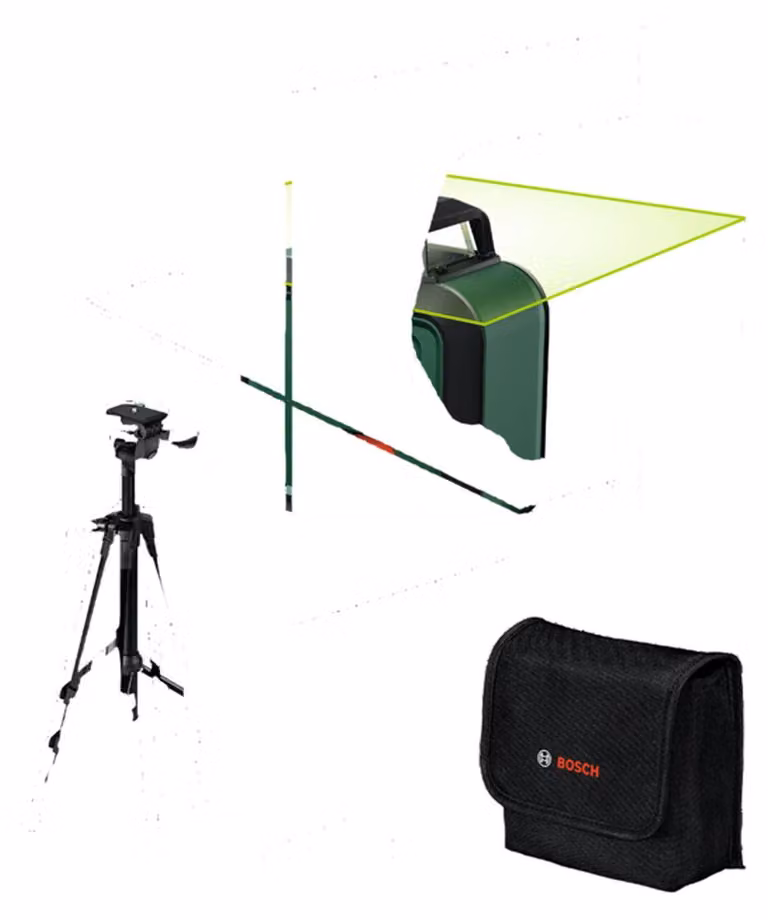 BOSCH PLL 360-1 G line laser - Includes TT120 tripod, protective case, user manual, and batteries