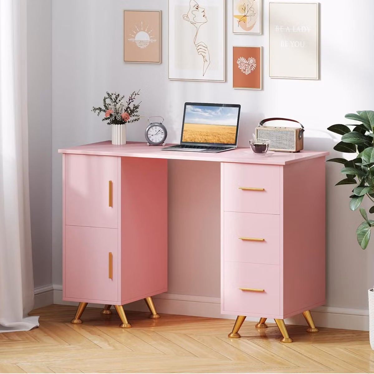 Costway Tavolo per unghie in legno con cassetti per nail art, postazione di lavoro moderna rosa