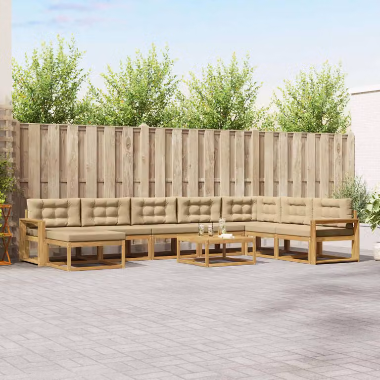 vidaXL Set di divani da esterno a L in legno di acacia con tavolino e pouf, 9 pezzi, Bianco e Beige