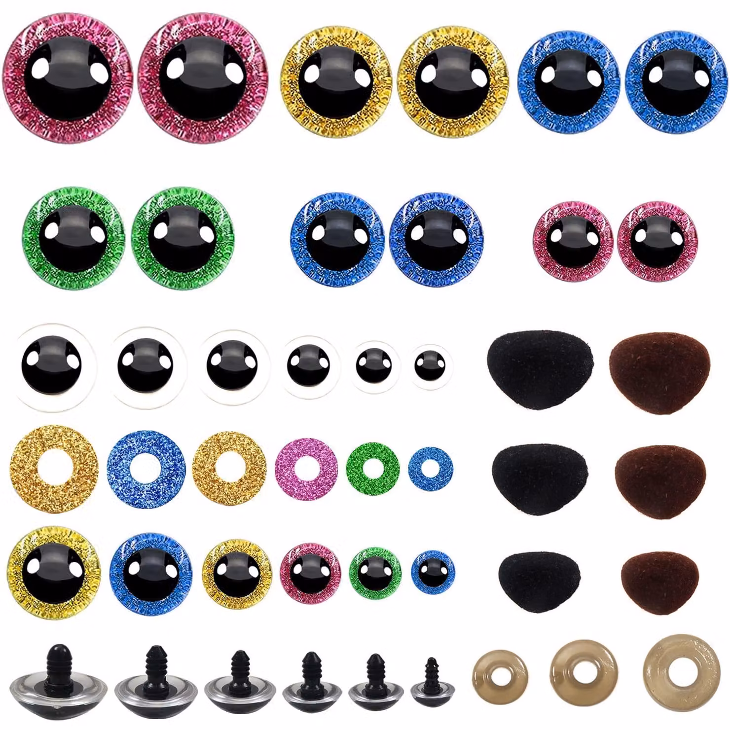 Set di 72 occhi di sicurezza scintillanti, di dimensioni da 12 a 30 mm, con naselli