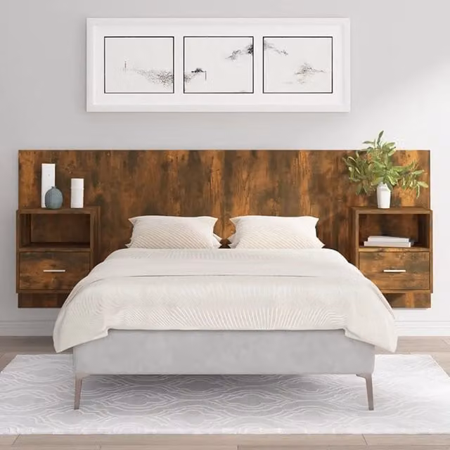 Testiera Letto con Comodini-Testiera con Contenitore Rovere Fumo in Legno Multistrato 427946