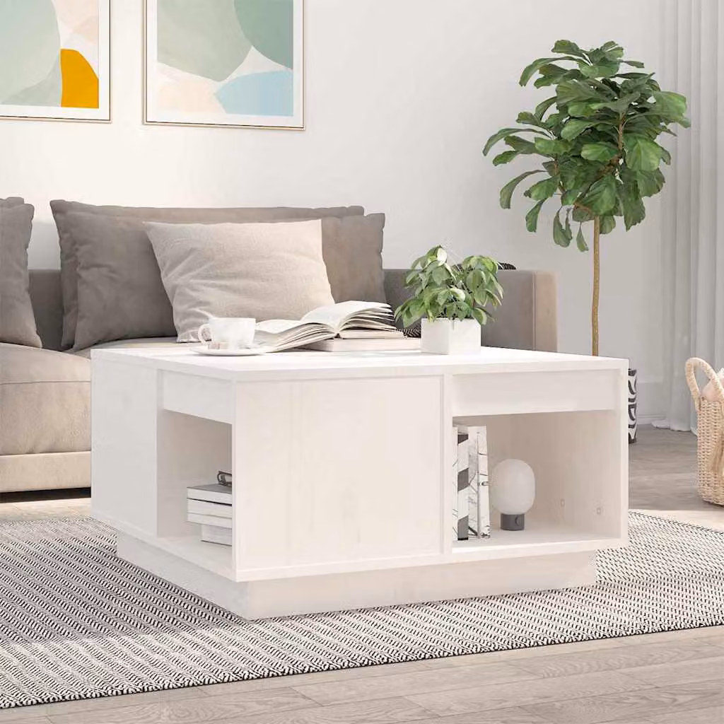 vidaXL Tavolino da Salotto Bianco in Legno di Pino Massello L: 60 cm, P: 61 cm, H: 32,5 cm