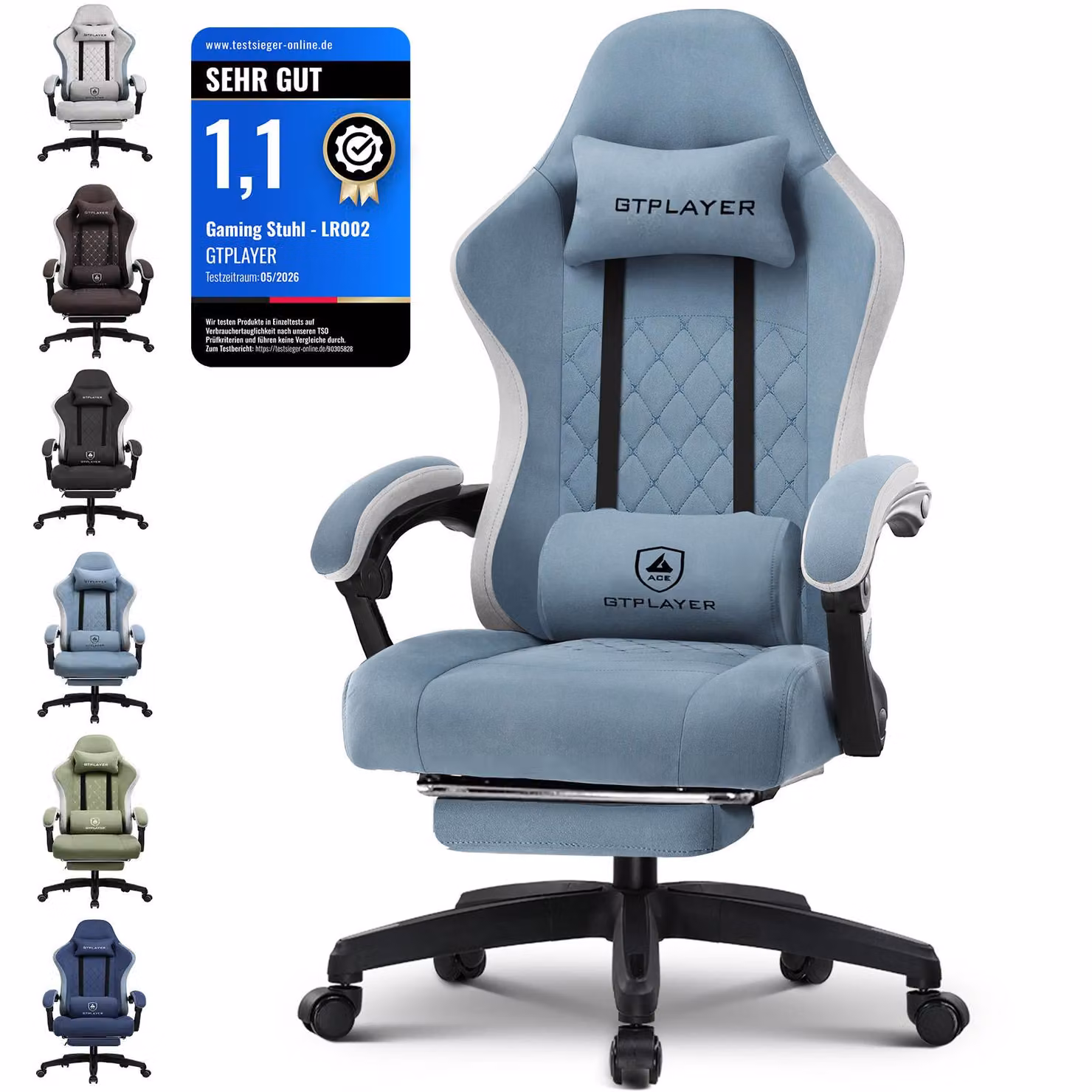 GTPLAYER sedia da gioco Poltrona ergonomica da gioco Sedia da scrivania Sedia da gioco per PC con superficie in tessuto, cuscino di seduta in piuma, braccioli di collegamento, con poggiapiedi, portata fino a 153 kg Blu chiaro