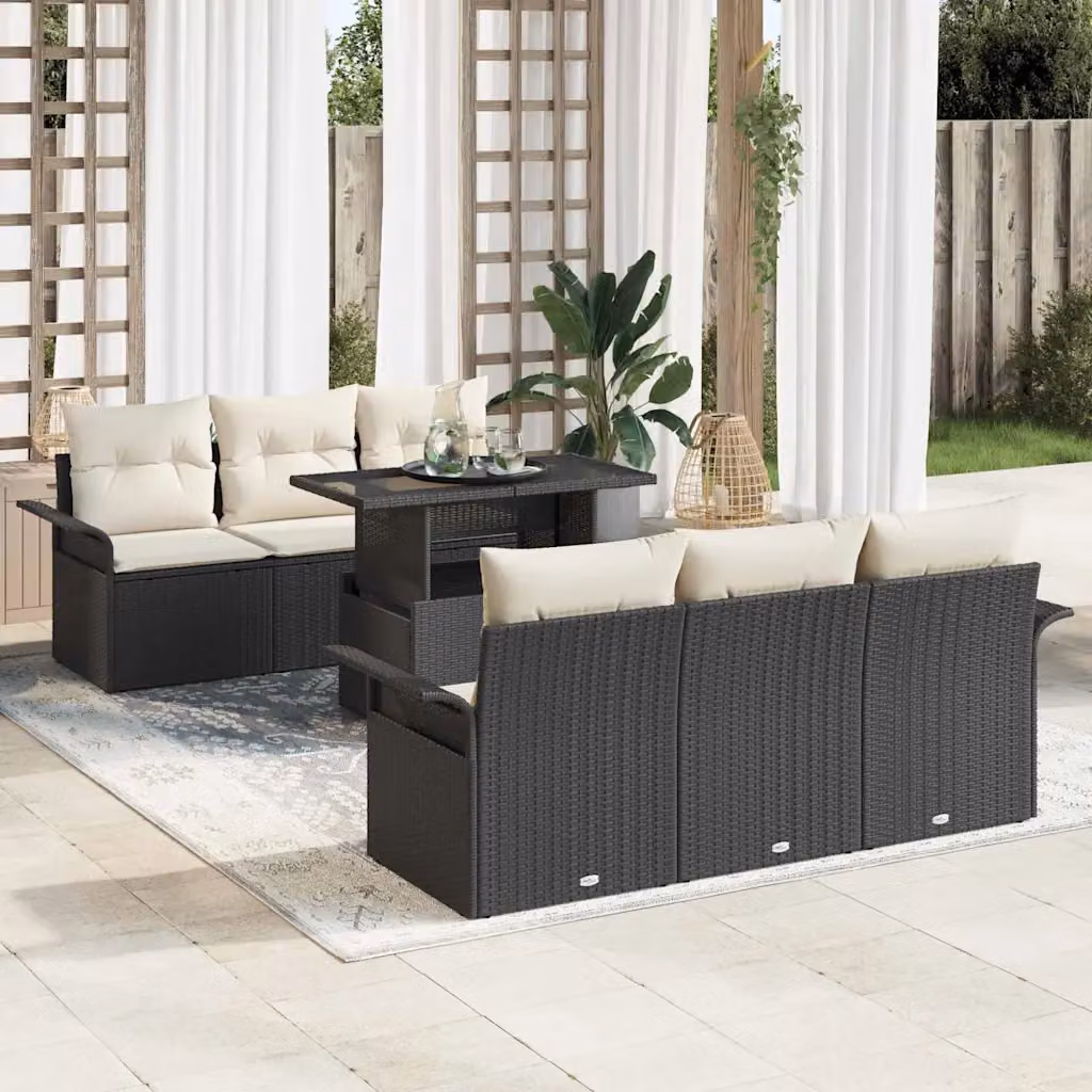 Set Divano da Giardino vidaXL 7 Pezzi Moderno con Cuscini e Tavolino Nero e Beige – 1