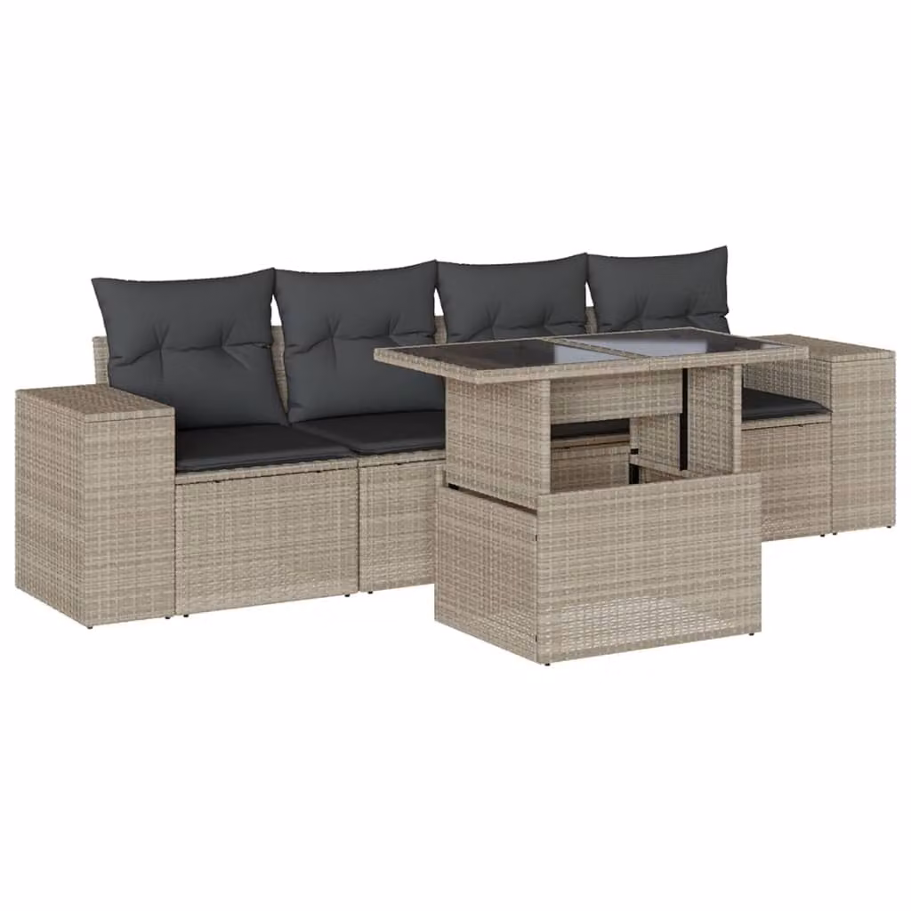 Set Divano da Giardino 5pz con Cuscini Grigio Chiaro Polyrattan