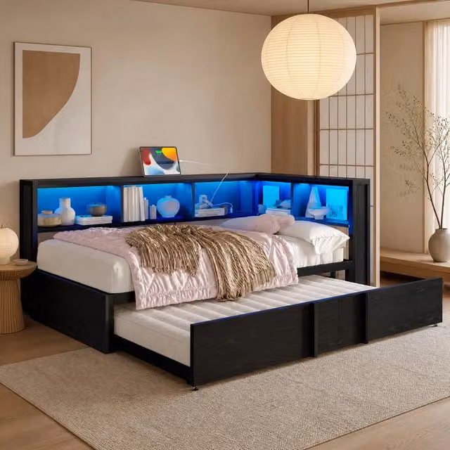 Letto giorno in metallo 90x200 cm con letto estraibile, armadietti, illuminazione LED e porte USB, nero