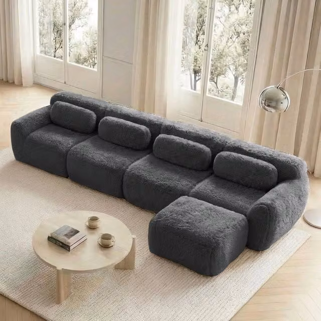 Divano angolare modulare 4 posti a L senza montaggio in tessuto plush grigio