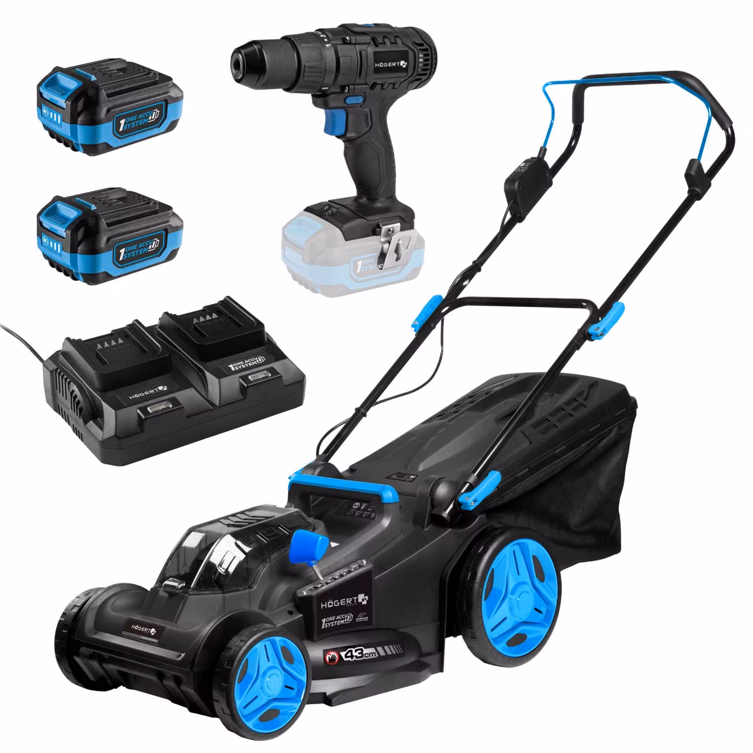 HÖGERT TECHNIK - Set di tosaerba a batteria, larghezza di taglio 43 cm, 2 batterie da 18V, con avvitatore a percussione da 50 Nm, 2 batterie da 4,0