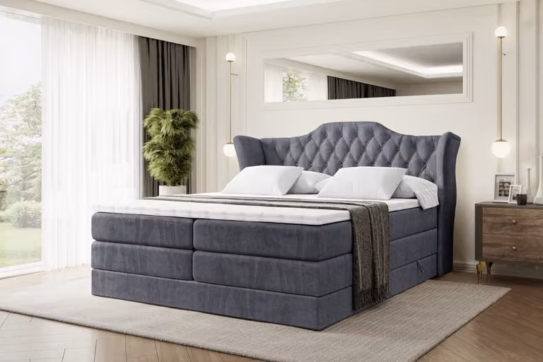 Letto boxspring ALTDECOR con 2 materassi e topper - 180x200 cm - VILA KING - Velluto grigio scuro - Letto imbottito con materassi H3 e H4, contenitore e rete a doghe, letto con spazio contenitivo