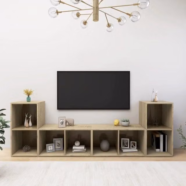 Credenza per TV in legno multistrato color rovere sonoma, set di 4 pezzi per soggiorno, L 72 cm, P 35 cm, H 36,5 cm – 1