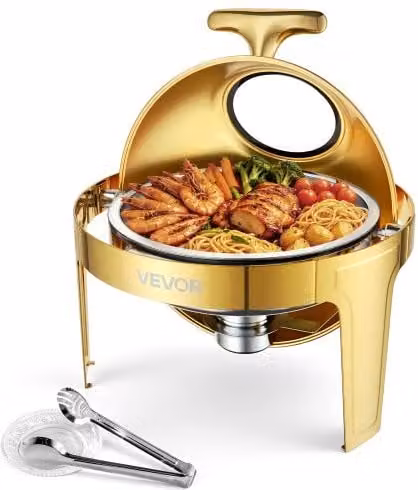 VEVOR Scaldavivande per Alimenti in Acciaio Inox 5,68L Vassoio Rotondo 1 pz Contenitore Scaldavivande per Buffet, Banchetti, Catering, Feste, Eventi, Coperchio Arrotolabile, Rotondo, Apertura 0-180°