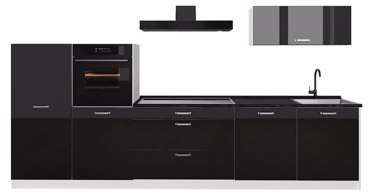 Cucina componibile Vicco R-Line Nero lucido/Bianco 340 cm piano di lavoro Antracite, Model 66545