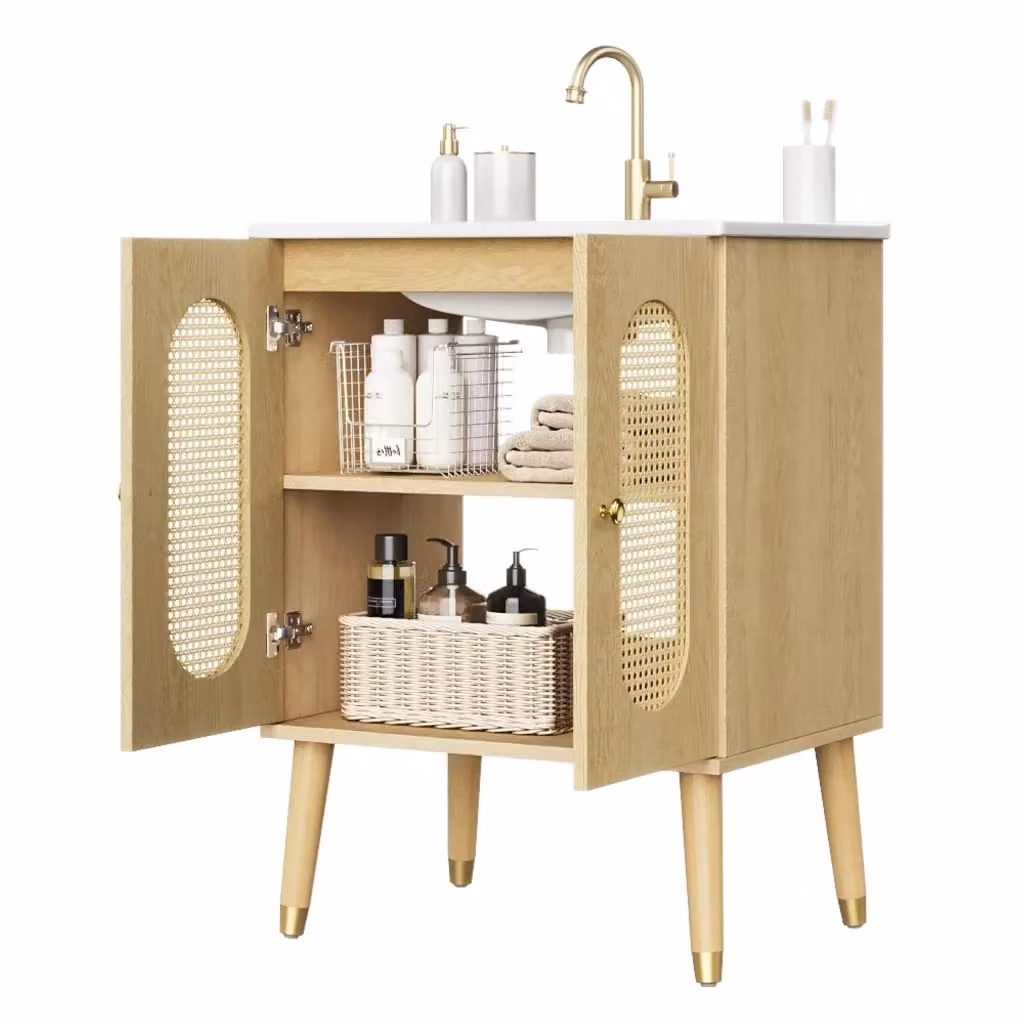 Mobile sottolavabo da bagno Minimal bianco effetto legno con ante in rattan e ripiani interni soft-close – 2