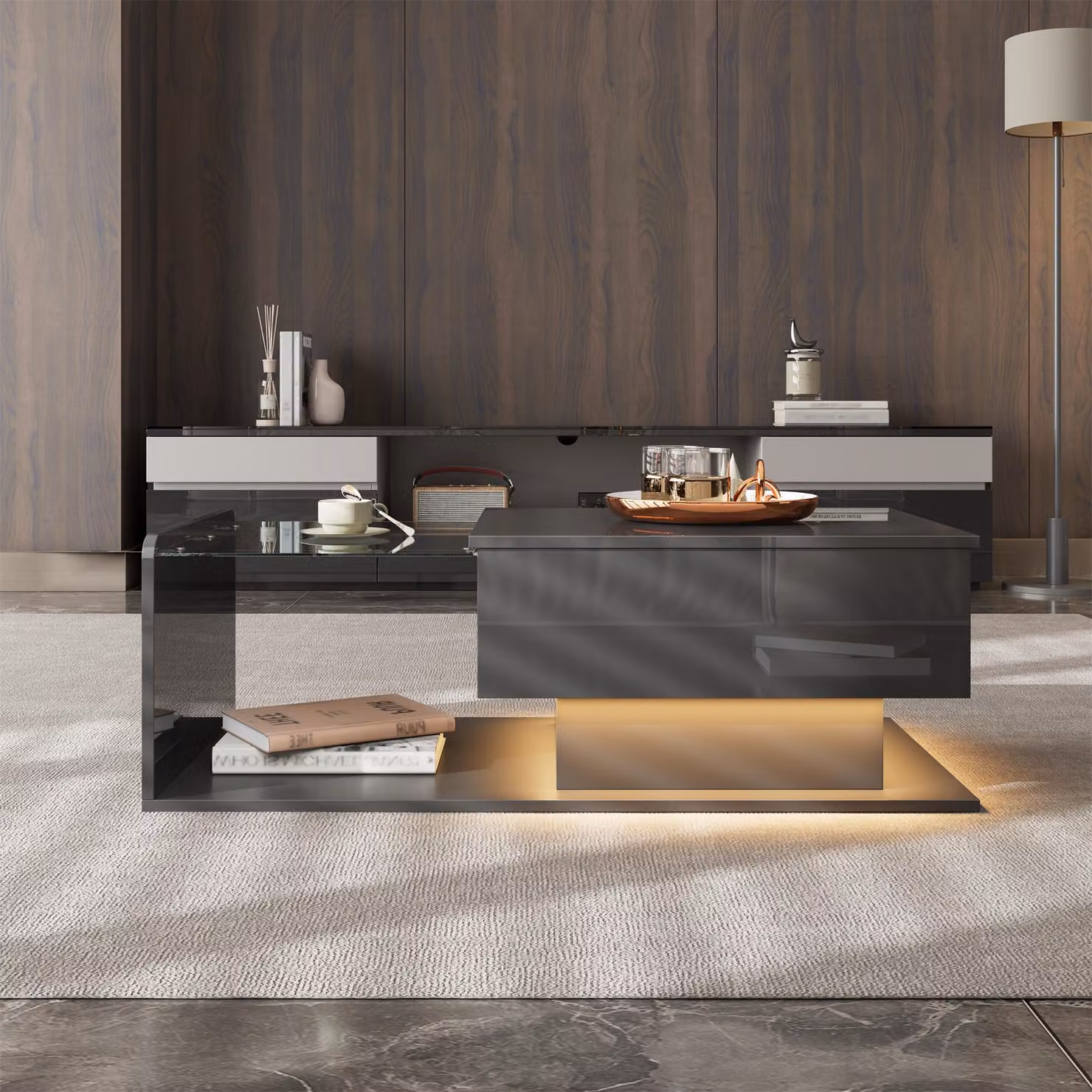 Tavolino nero lucido con piano in vetro ed effetto LED, tavolino laterale