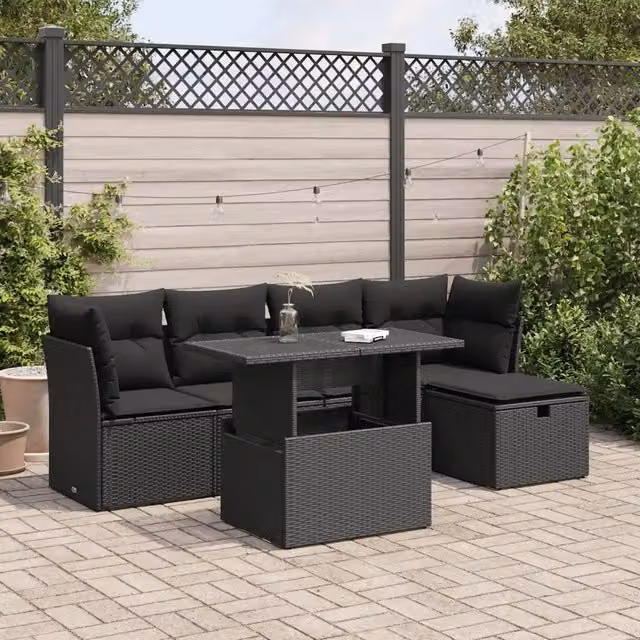 Set Divano da Giardino 6 pz con Cuscini Nero in Polyrattan 3326136