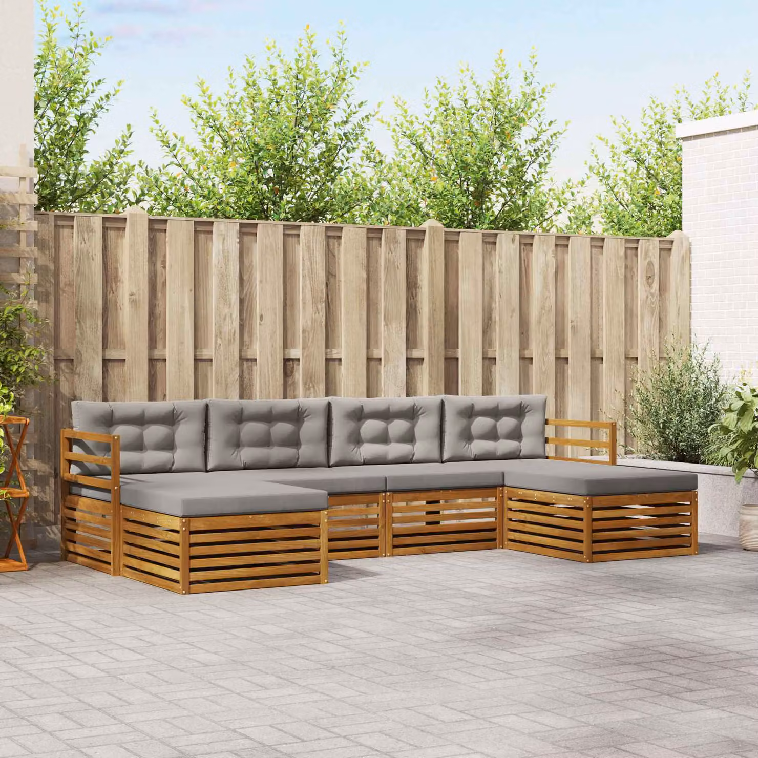 Set di divani da esterno vidaXL a forma di L in legno di acacia con cuscini, 6 pezzi, Grigio e Marrone