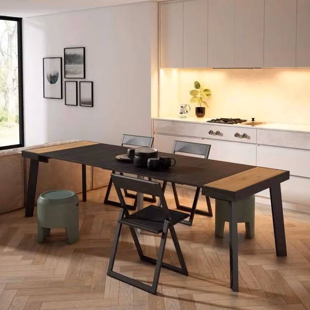 Consolle allungabile, 262x90x73cm, Per 12 persone, Gambe in legno, colore Rovere e nero RF3026