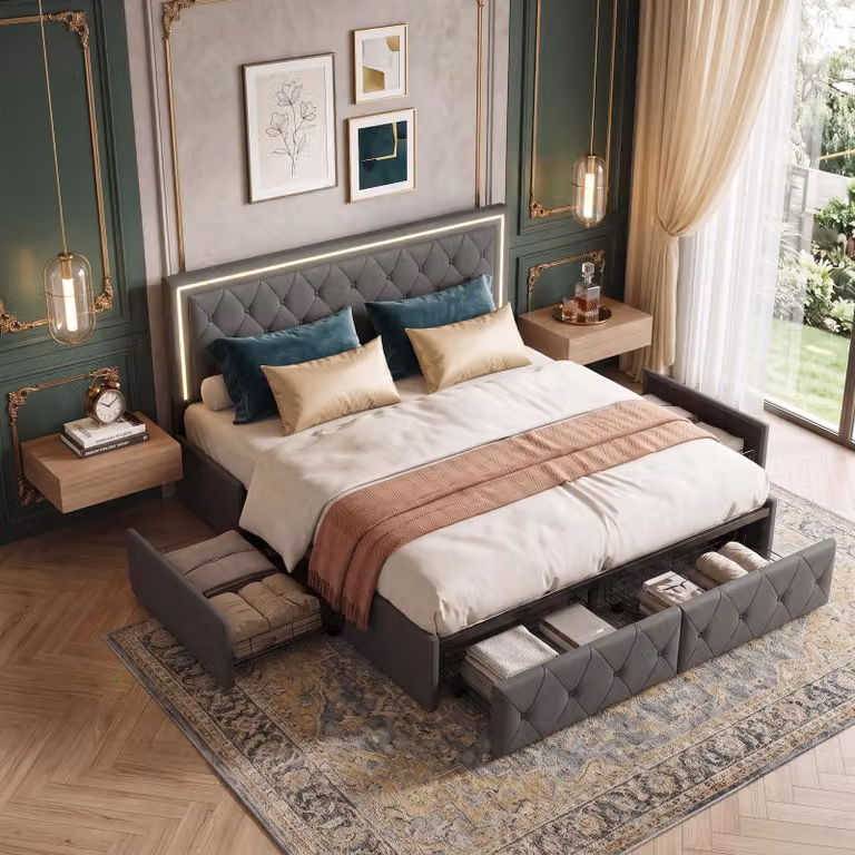 Letto imbottito INONEFT, 140x200 cm, con 4 cassetti e illuminazione LED, letto matrimoniale con contenitore, testiera regolabile in altezza e rete a doghe, adatto anche per ragazzi, rivestito in PU, colore grigio