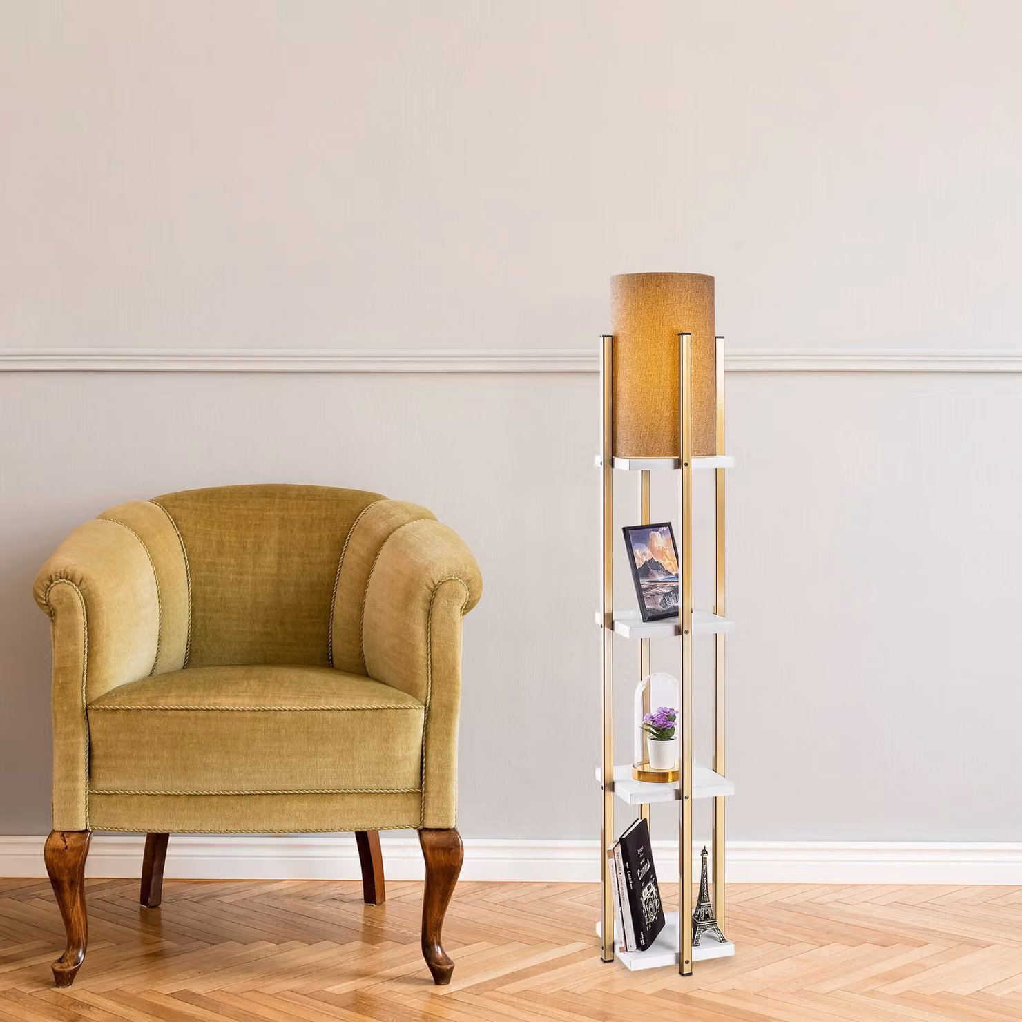 Opviq, 7120- 7120LMP, Bianco,Oro, Lampade da terra, 25 x 25 x 130 cm, Corpo in metallo