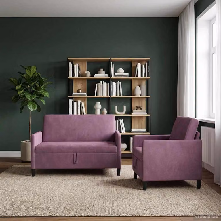Set di 2 divani moderni vidaXL con contenitore, rivestimento in tessuto viola e nero con coperture rimovibili
