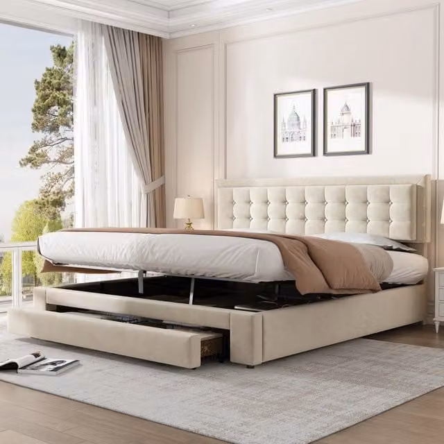 Letto matrimoniale 180x200 cm in velluto beige con contenitore; testiera regolabile e cassetti