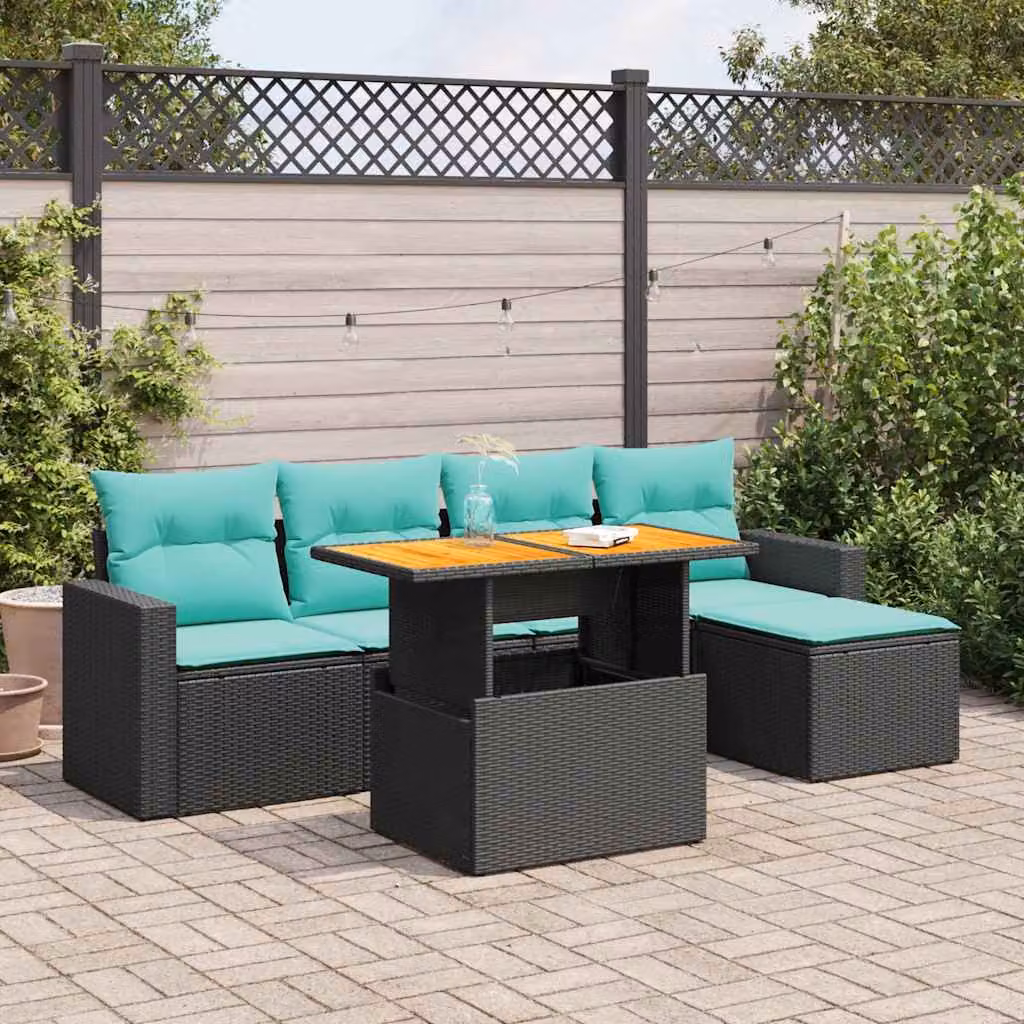 Set Divano da Giardino a L vidaXL 6 pz con Cuscini e Tavolino, Polyrattan Nero e Blu con Struttura in Acciaio e Sedute Imbottite