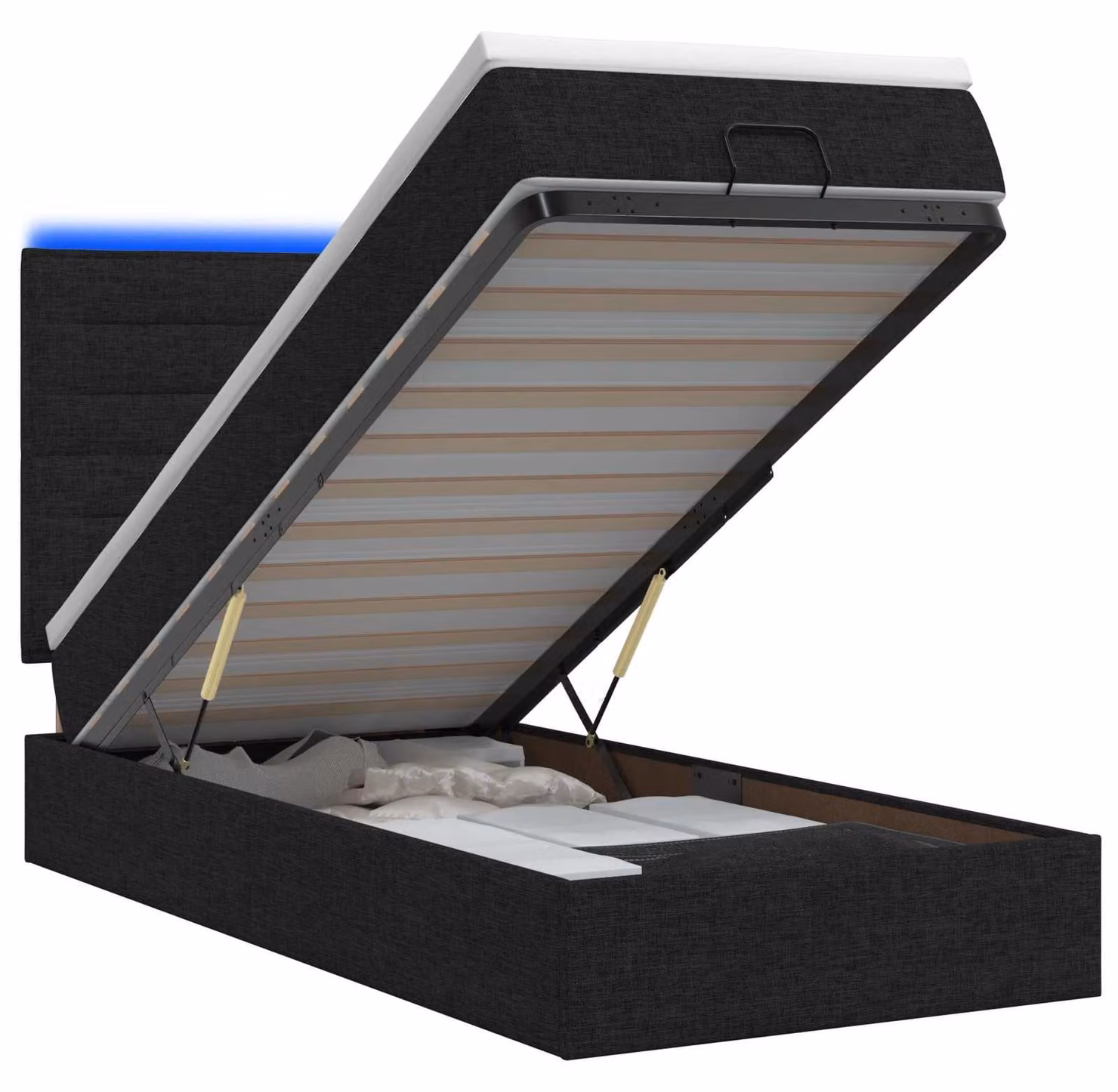 Panca contenitore con materasso e luci LED, colore nero, dimensioni 90 x 190 cm, rivestita in tessuto