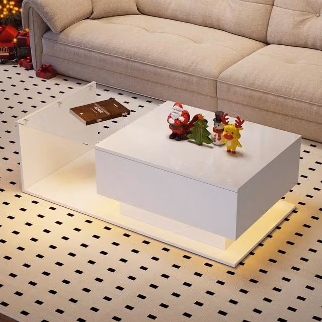 Tavolino da caffè MINIMAL con piano in vetro e cassetto, bianco lucido, L 100 cm x P 50 cm x H 32 cm