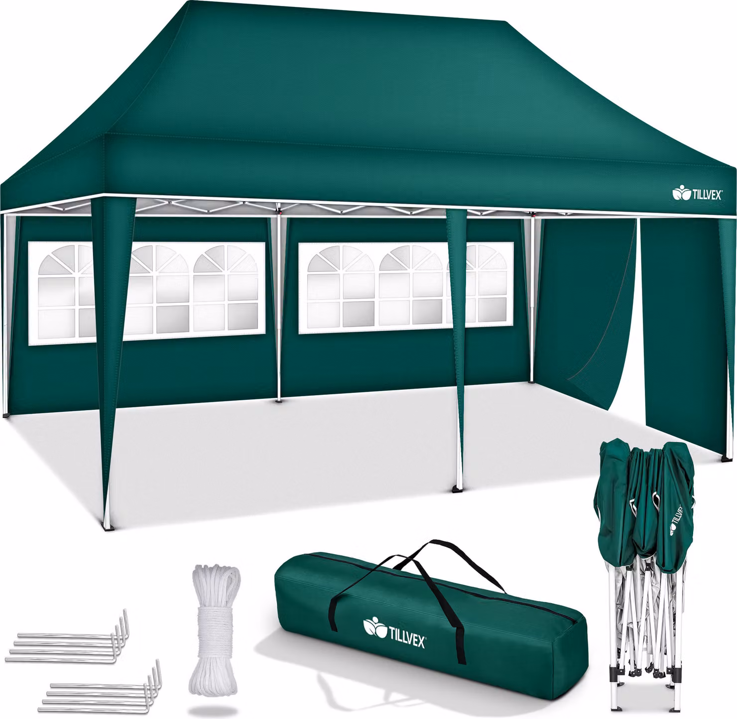 tillvex gazebo 3x6m - con 3 pareti laterali verde impermeabile | gazebo pieghevole pop-up regolabile in altezza | tenda da giardino protezione UV 50+ | tenda da festa con borsa per giardino