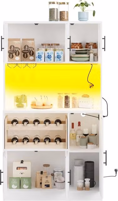 Armadio cucina bianco con LED RGB, presa integrata, portabicchieri e portabottiglie, 100x40x180 cm