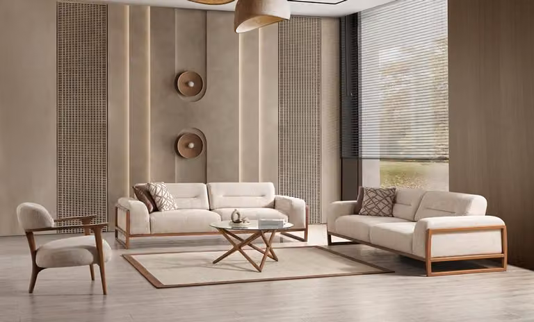 Designer Beige Sofagarnitur Hochwertig Wohnzimmer Dreisitzer Polster Sessel Set