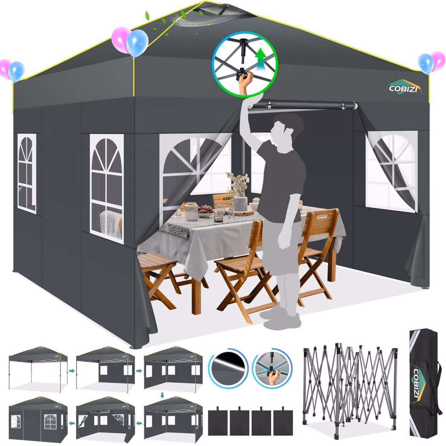 Gazebo da esterno 3x3 metri, impermeabile, stabile, resistente alle intemperie invernali, con 4 pareti laterali, colore grigio