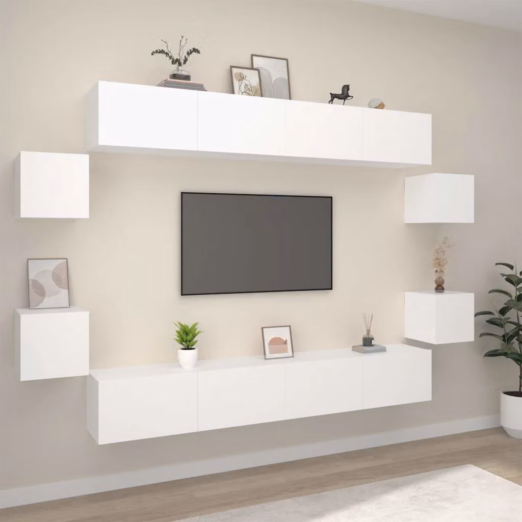 Set di mobili porta TV vidaXL da 8 pezzi in legno MDF bianco opaco per soggiorno – 1