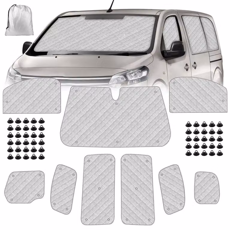 Kit di protezione solare da 9 pezzi per Citroen Jumpy (lunghezza aumentata), Opel Vivaro e Fiat Scudo | Protezione per parabrezza, finestrini laterali e lunotto | Protezione per tutto l'anno