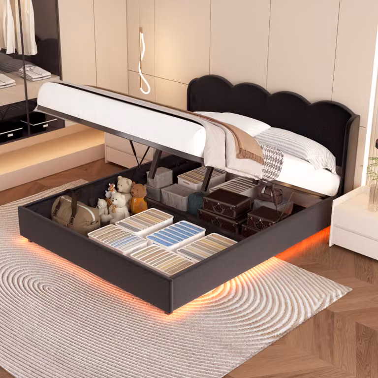 Letto imbottito AIORBER, 140x200cm, ondulato, velluto, con luce LED, connessione USB+C, letto matrimoniale, ampio spazio di archiviazione, elevata capacità di carico, nero (senza materasso)